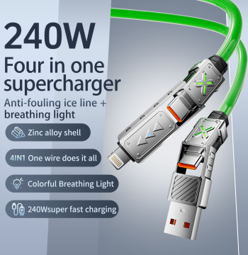 240W 4-in-1 Super Fast Charging Data Cable USB-C To Type-C Zinc Alloy Cable for Iphone Samsung Xiaomi Multi Port Charging Cable
