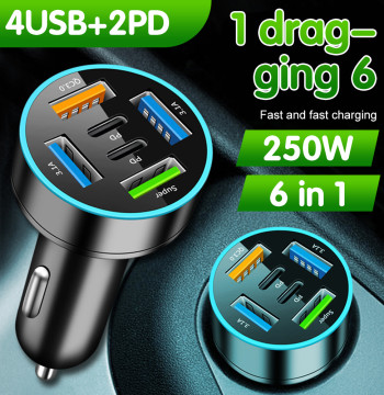 250W 5 Ports Car Charger Fast Charging PD QC3.0 USB C Car Phone Charger Adapter With Voltage For iPhone Samsung Huawei Xiaomi