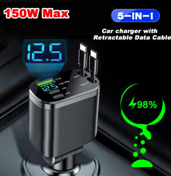5 IN 1 Retractable Car Charger USB Type C PD Retractable Cable For iPhone Samsung Fast Charging Cord Cigarette Lighter Adapter