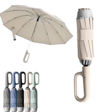 Fully Automatic Umbrella Wind Rain Sun Folding Umbrella with Reflective Strip & Carabiner Handle Portables Travel UV Umbrellas
