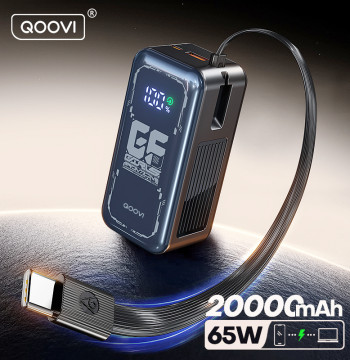 QOOVI 20000mah Power Bank PD 65W Fast Charging Built-in Cable External Large Battery Portable Charger For iPhone Samsung Xiaomi