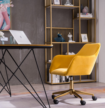 Modern Velvet Fabric Material Adjustable Height 360 Revolving Home Office Chair With Gold Metal Legs And Universal Wheels