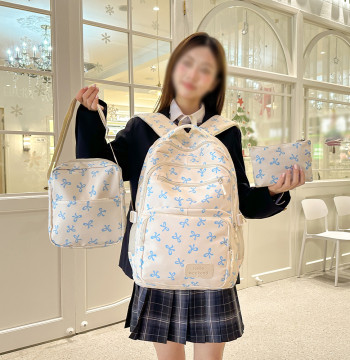 Korean Fashion Bow Print Women Fashion Backpack Lightweight Simple Student Schoolbag Female Bag Set Three-Piece