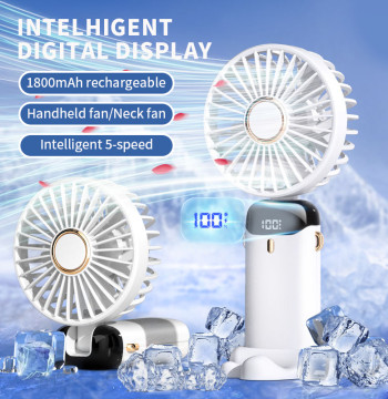Handheld Mini Fan Foldable Portable Neck Hanging Fans 5 Speed USB Rechargeable Fan with Phone Stand and Display Screen 1800mAh