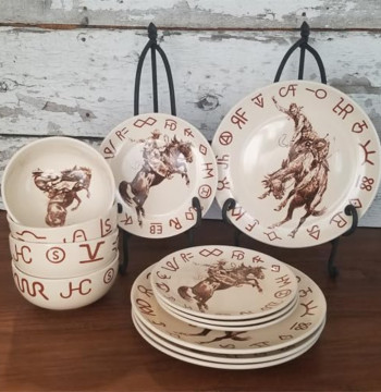 Broncs & Brands 12 Piece Dinnerware Set of Four Place Settings, Including Dinner Plates, Salad Plates, and Dinner Bowls
